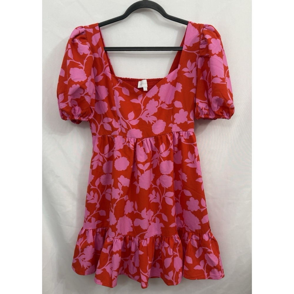 Sugarlips Dress Boutique Red Purple Floral Pockets Puff Sleeve Womens Size S